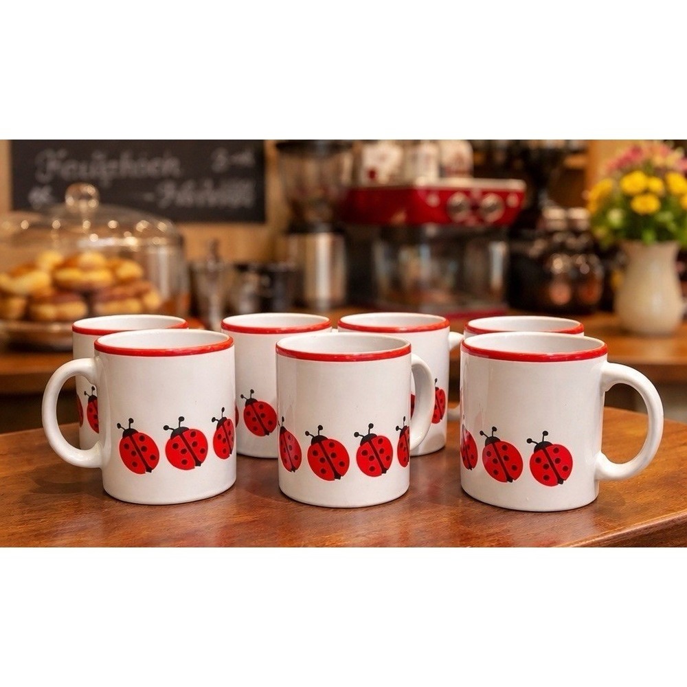 Vintage Mid Century  Waechtersbach Ladybug Coffee Mugs Set Of 7 West Germany 80s
